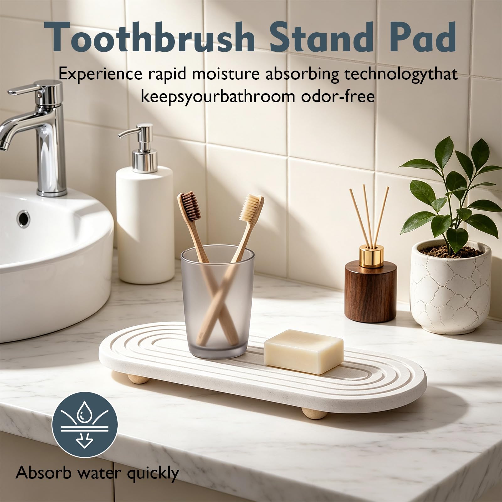 Quick Drying Stone Tray, Natural Diatomite Absorbent Mat with Wooden Feet, Fast Evaporation, Anti-Slip Grooves, Multifunctional for Bathroom Sink