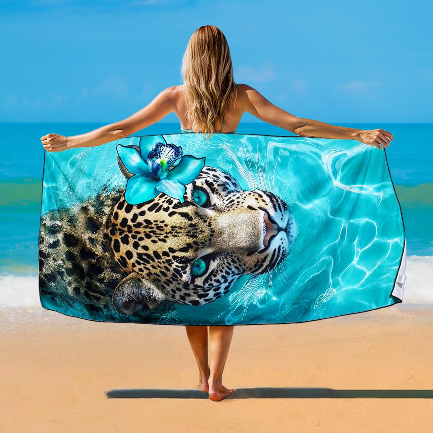 Violetpos Jaguar with Orchid Beach Towel, Extra Large 180x90 cm 250GSM Microfibre, Sand Free Quick Dry