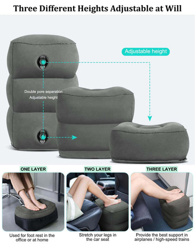 Inflatable Travel Foot Rest Pillow,Airplane Travel Pillow, Office Footrests, Adjustable 3 Layers Height Leg Rest Pillow