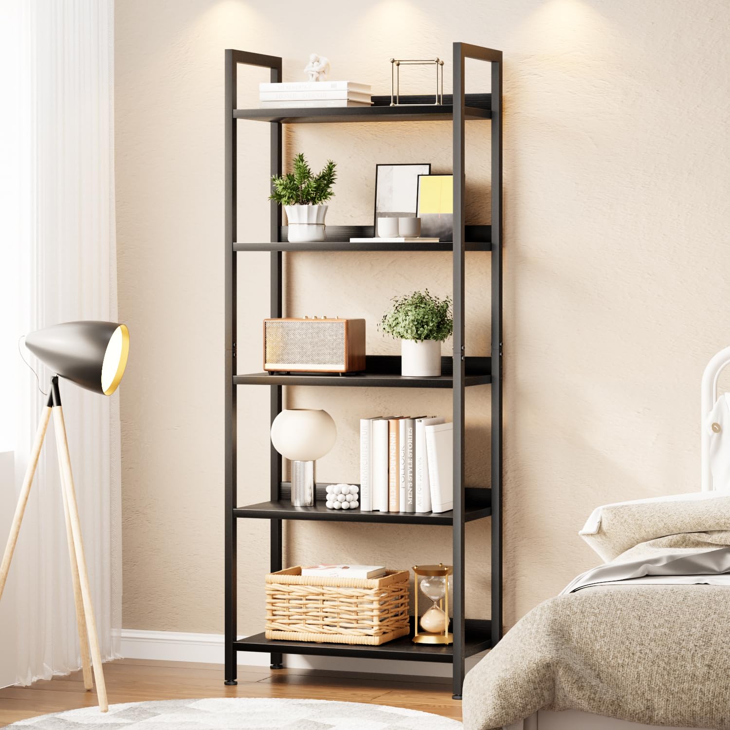 APPOLYN 5 Tier Bookshelf, Open-shelf Bookcase with Backboard, Black