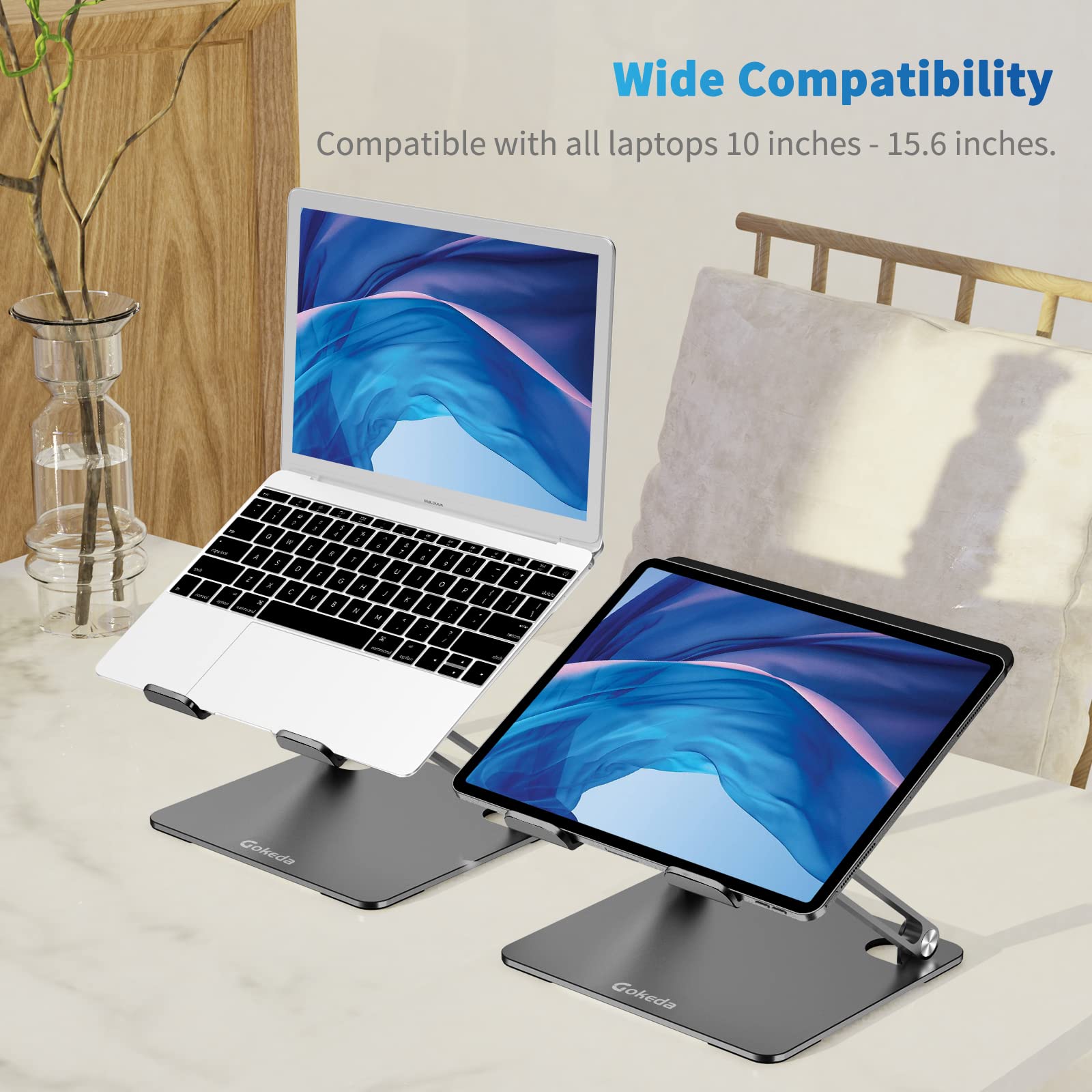 GOKEDA Laptop Stand, Ergonomic Aluminium Alloy Computer Stand for desk, Multi-Angle Adjustable Laptop Riser with Heat-Vent Compatible for Macbook