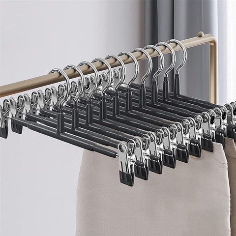 Supmaker 10 Pack Chrome Trouser Hanger,Heavy Duty Metal Pants Hangers, Skirt Hangers with Non-Slip Adjustable Clips,Space Saving Clothes Jeans