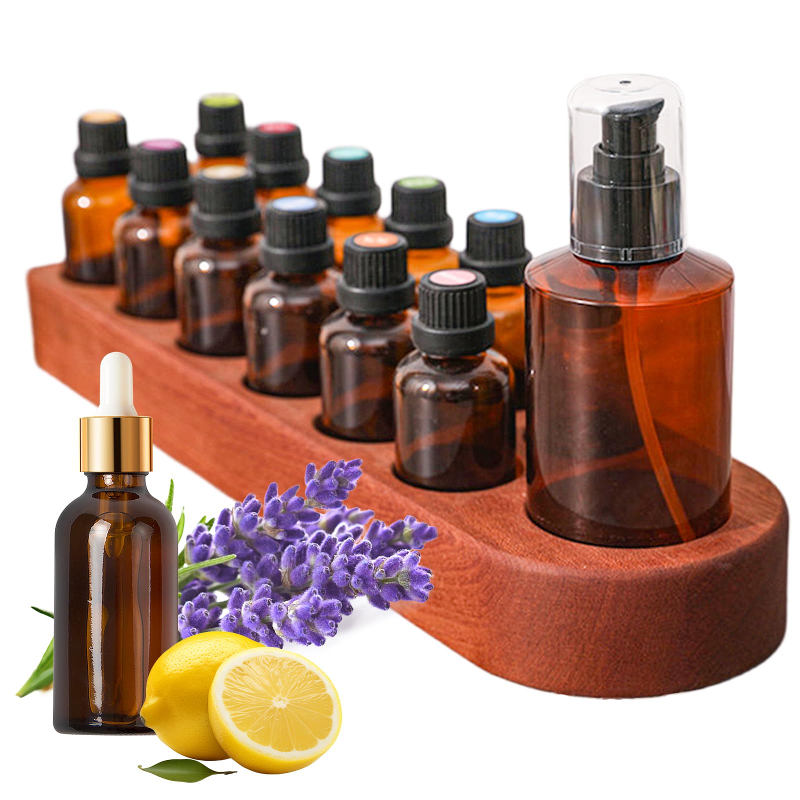 Wisnewth Wooden Essential Oil Holder with 13 Holes (3cmx12 & 5cmx1), Retro Desktop Display Rack for Bathroom Vanity Desk Organizer