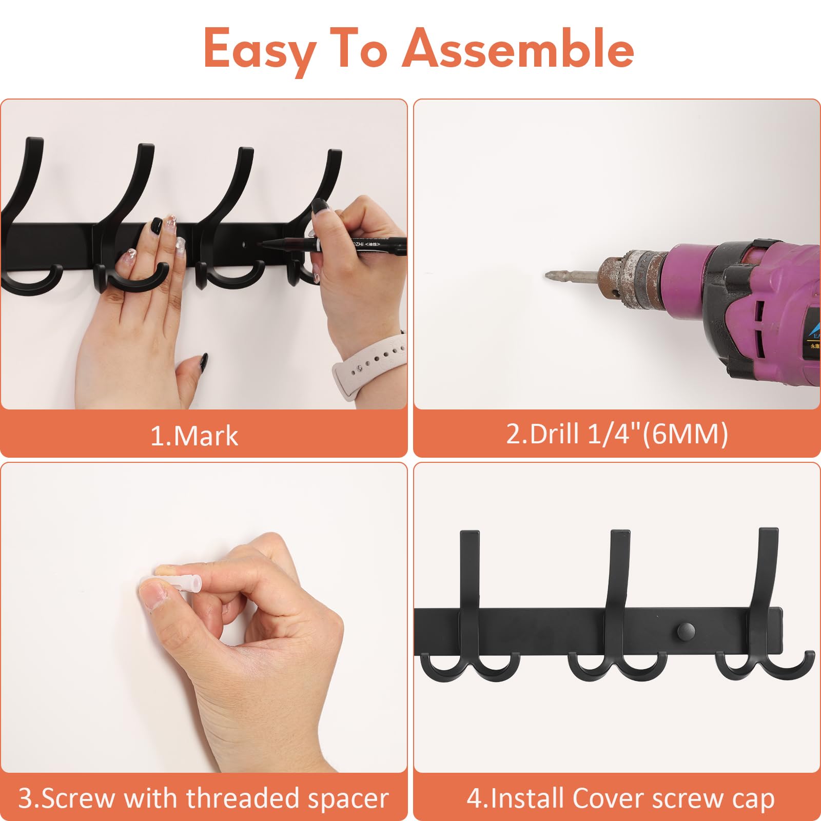 Optish Coat Hooks Wall Mounted, 1 Pack Coat Rack Wall Mount with 15 Hooks, Black Wall Coat Hooks for Jackets, Hats, Bags, for Entryway, Bedroom