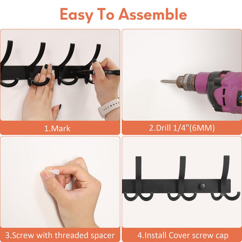 Optish Coat Hooks Wall Mounted, 1 Pack Coat Rack Wall Mount with 15 Hooks, Black Wall Coat Hooks for Jackets, Hats, Bags, for Entryway, Bedroom