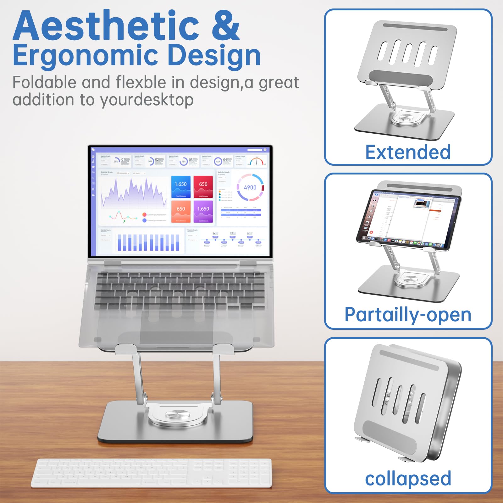 GleYo Laptop Stand for Desk Adjustable Computer Stand with 360 Rotating Base Ergonomic Laptop Riser Mount for Desk Foldable Protable Computer Desk
