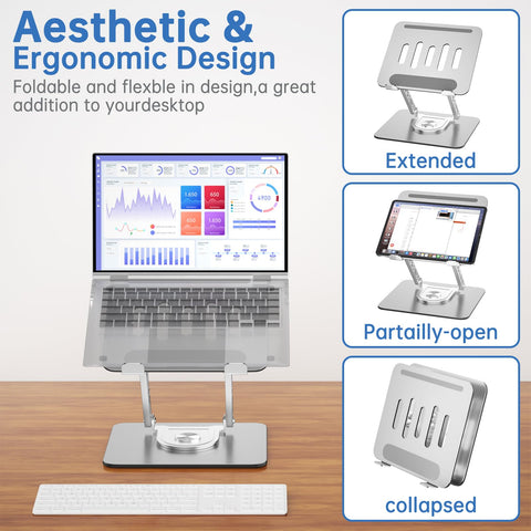 GleYo Laptop Stand for Desk Adjustable Computer Stand with 360 Rotating Base Ergonomic Laptop Riser Mount for Desk Foldable Protable Computer Desk
