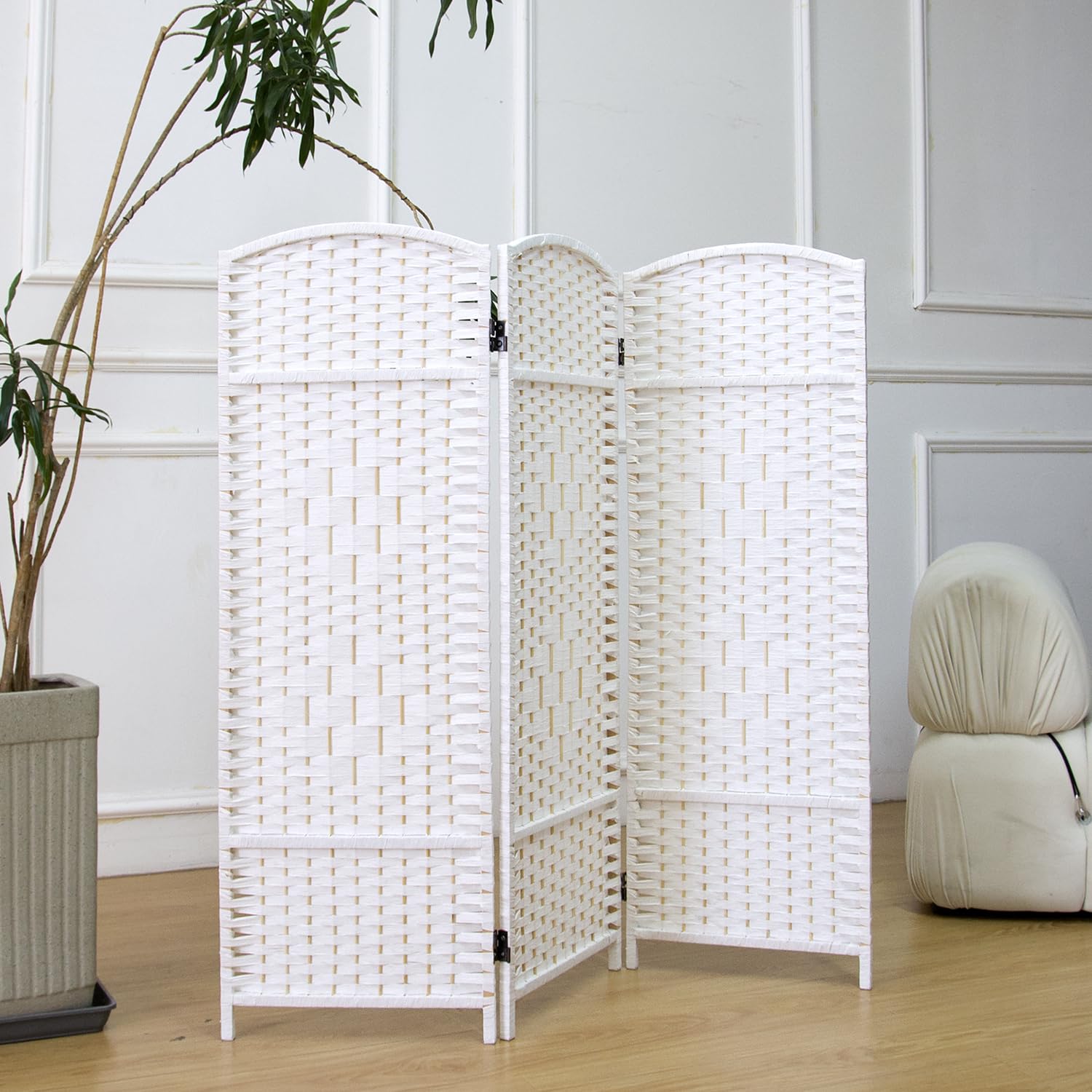 Furnnylane 3 Panel White Rattan Divider Short Room Partition Screen,Double Sided Short Folding Divider for Room Separation,120 cm Tall