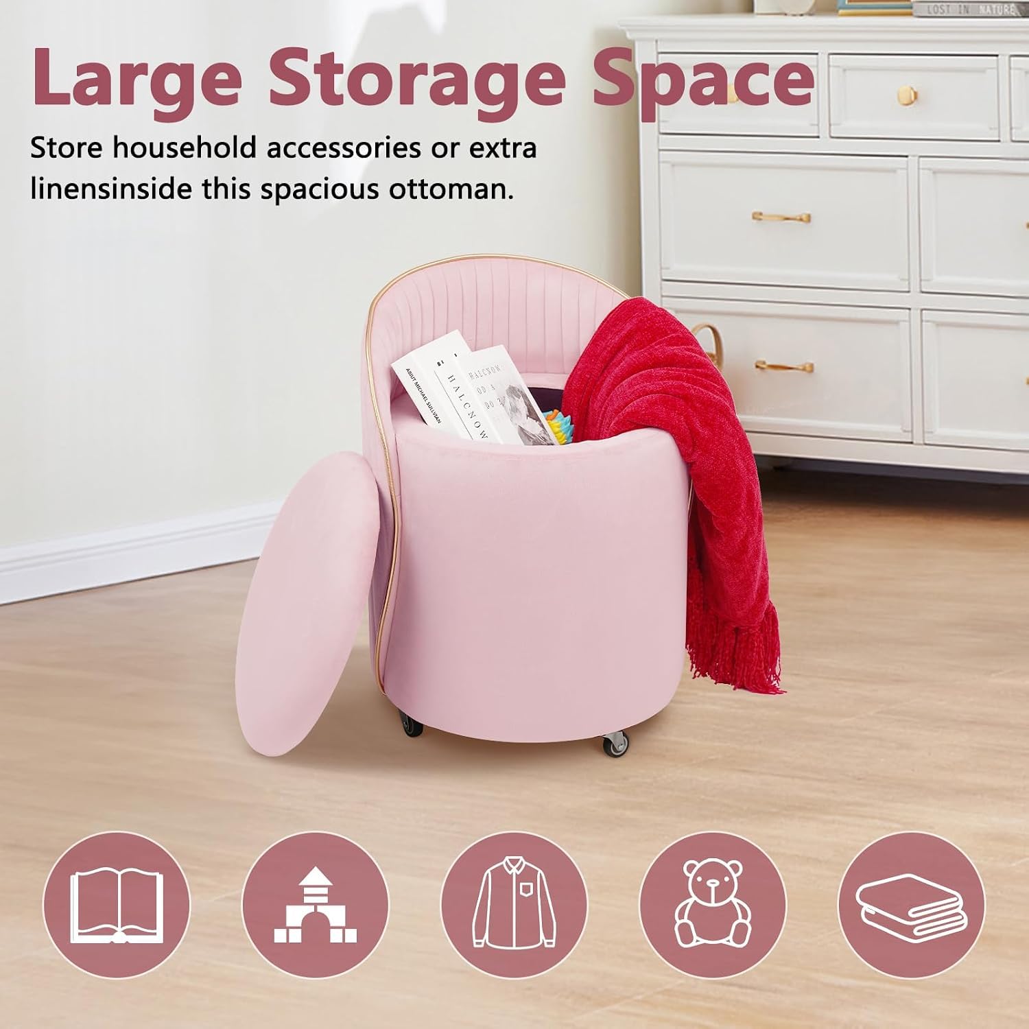 KLASIKA Round Storage Ottoman, Upholstered Velvet Vanity Stool with Lumbar Support, Swivel Rolling Wheels