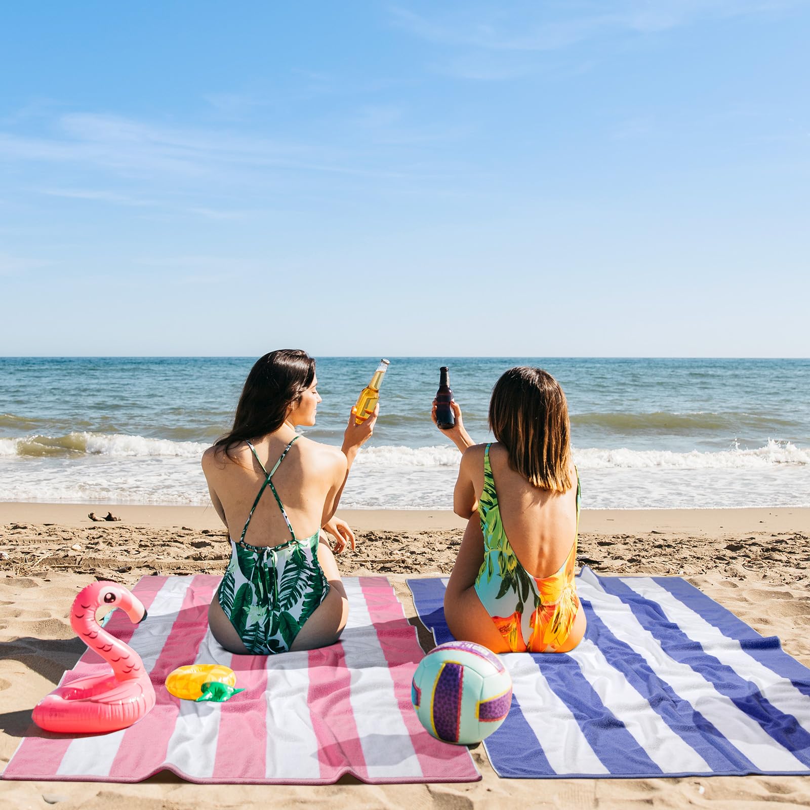 Ouxiaobai Cotton Oversized Beach Towel - Extra Large 180 x 100 CM Soft Absorbent Pool Towel for Adults, Striped Cabana Swim Towel (Blue)