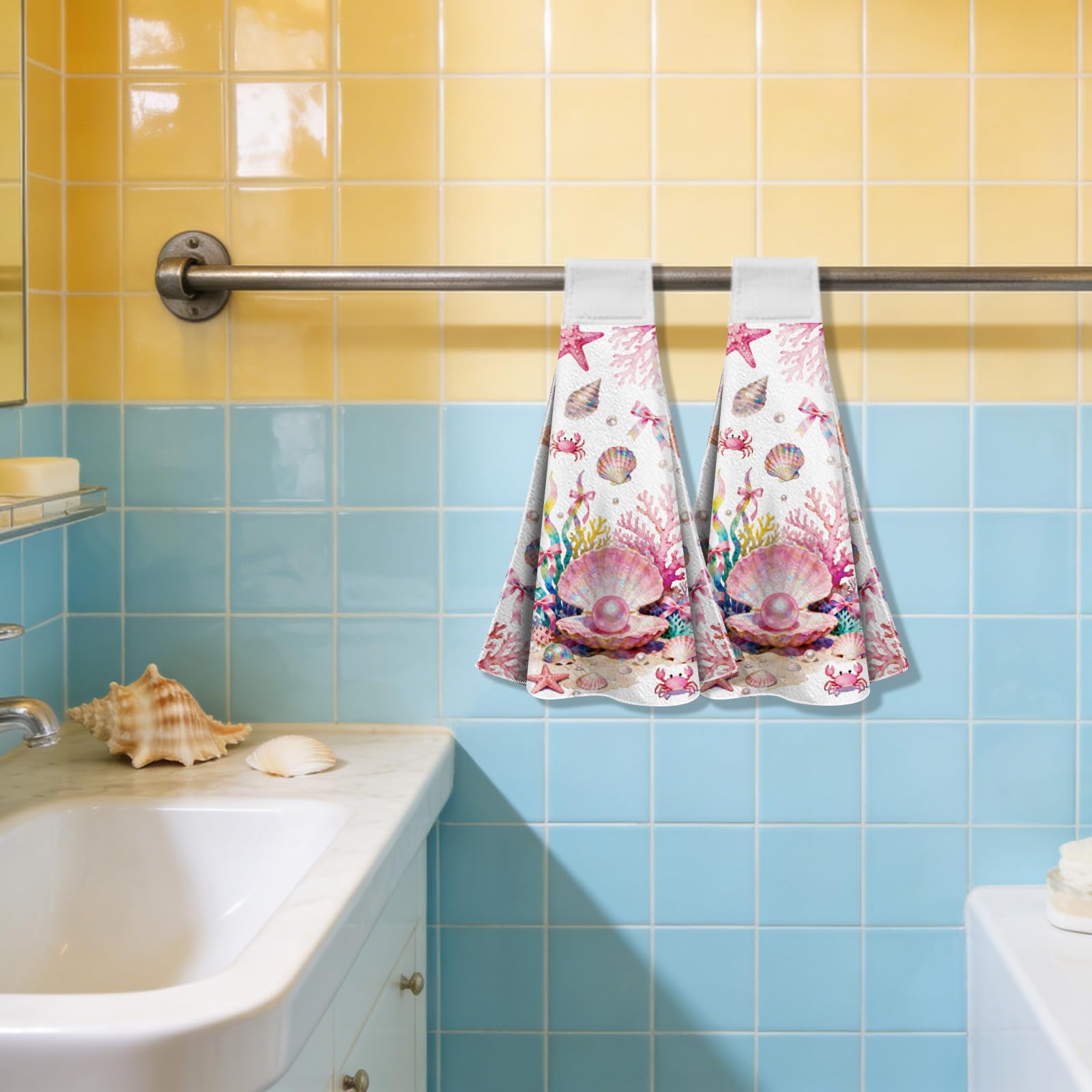 CUTHOLLOW 2 Pcs Pink Seashells Hanging Kitchen Towels with Loop