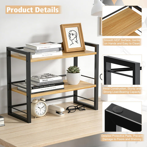 SunshineFace 2-Tier Desk Shelf Organizer, Small Bookcase for Desktop Storage, Wooden Bookshelf with Metal Frame for Office Supplies, Books