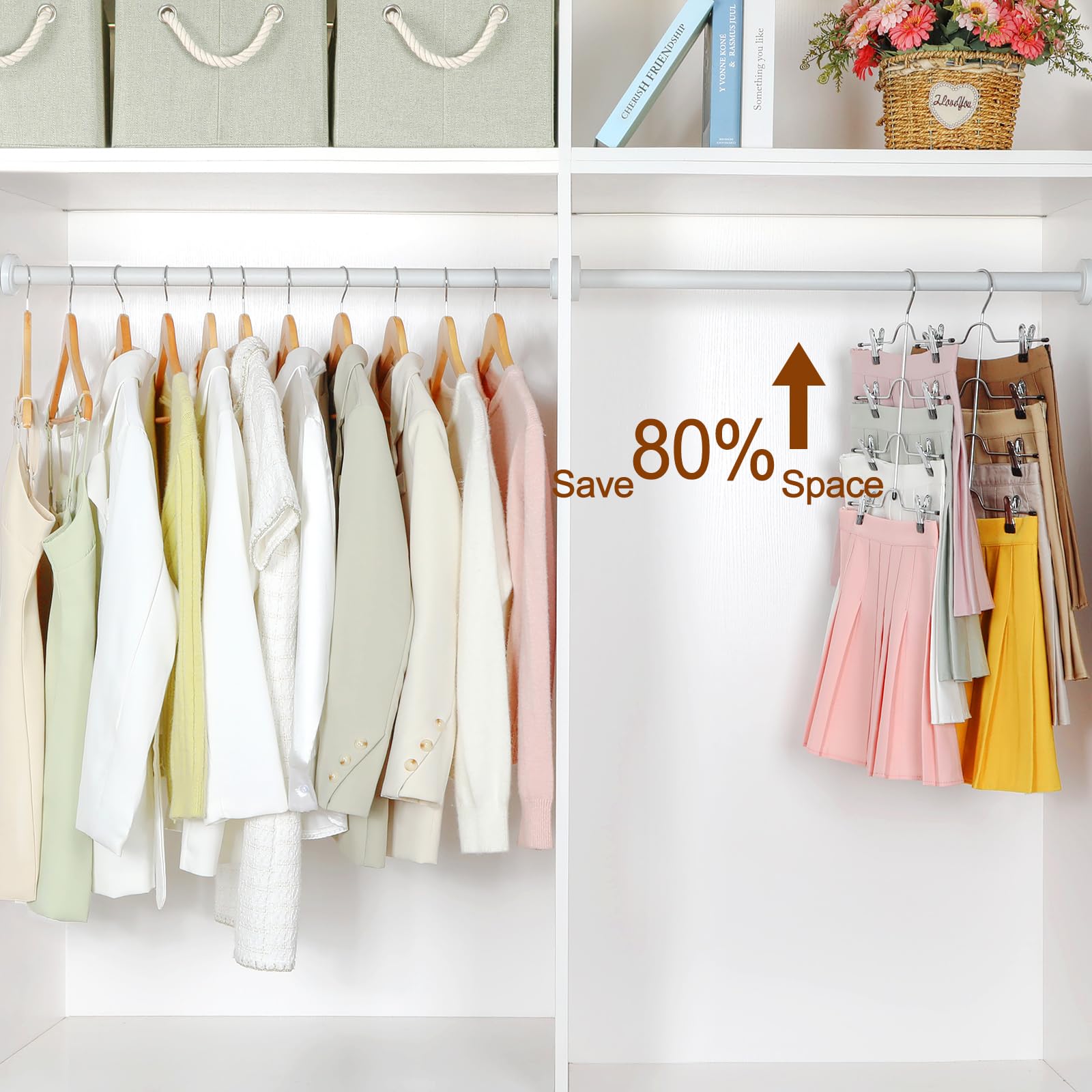 TOPIA HANGER 4 Tier Metal Skirt Hangers for Women, Pants Hanger Space Saving with Adjustable Clips, Gain 70% More Space, Non Slip Grip for Slacks
