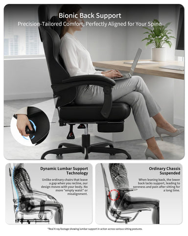 JUMMICO Ergonomic Office Chair with Dynamic Lumbar Support and Footrest, Gaming Chair for Long-Term Comfort, Breathable Fabric for Home Office, Black