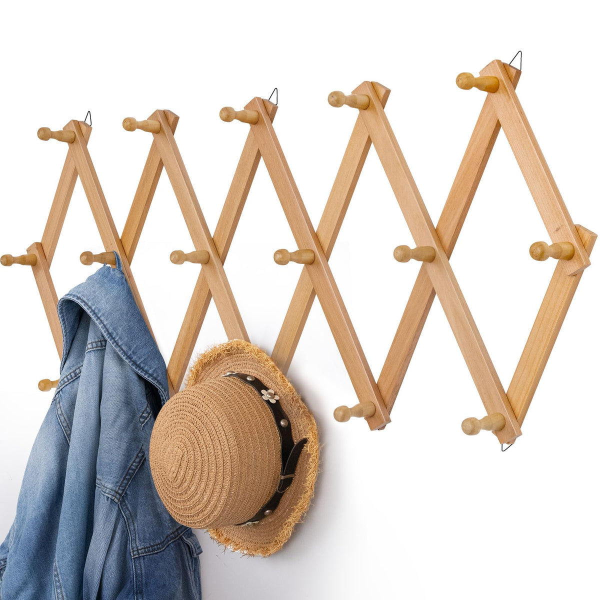 Qiannhee Wall Coat Rack Solid Wood Wooden Coat Hooks Wall Mounted with 16 Pegs Accordion Wall Hanger Extendable Hat Rack for Wall, Living Room