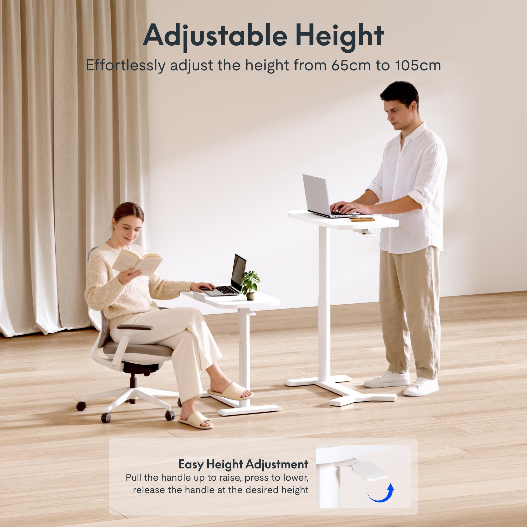 FLEXISPOT Overbed Table with Wheels, Adjustable Height Bedside Table, Rolling Laptop Desk for Bed Sofa, Small Standing Desk 75 x 40 cm