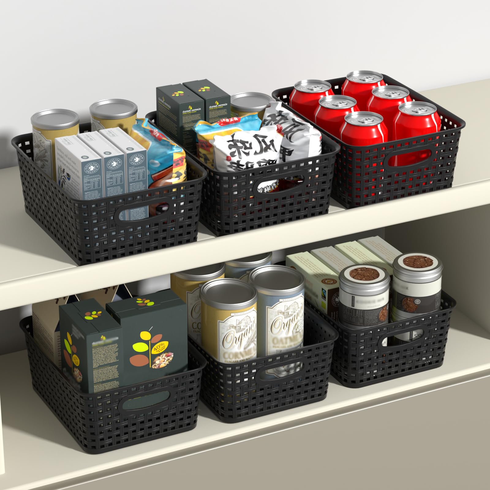 Udotry 6 Pack Plastic Weave Storage Basket Small Rattan Organizer Box Black