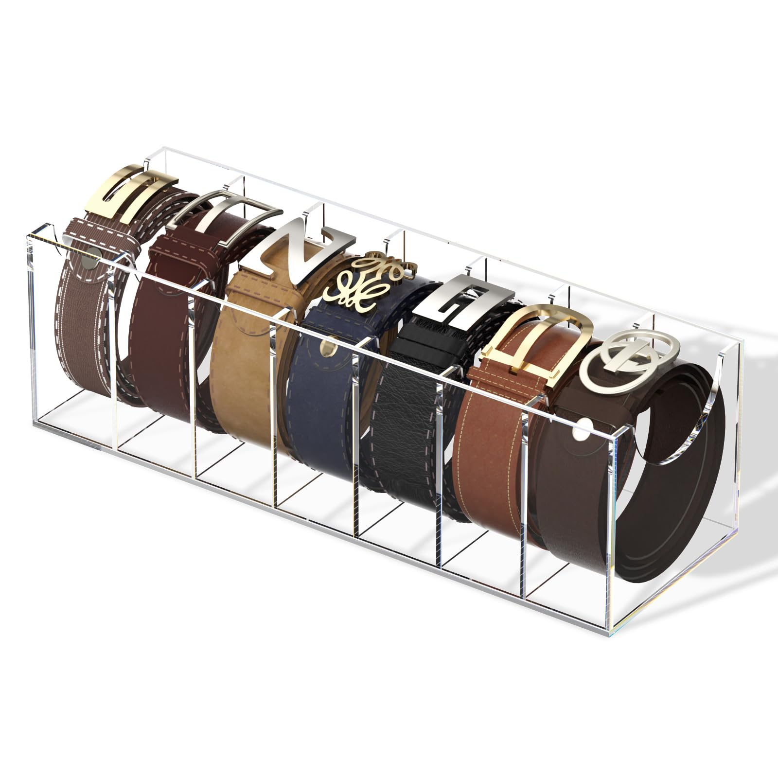 FEMELI Acrylic 7 Compartment Belt Organizer, Clear Belt Display Case for Closet Tie and Bow Tie