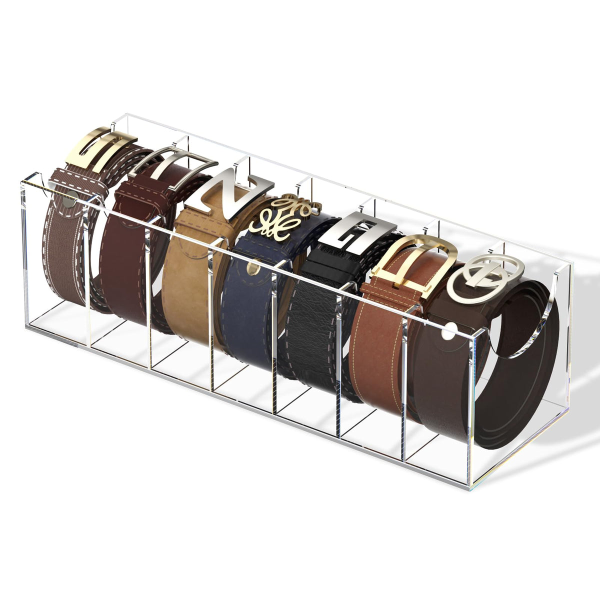 FEMELI Acrylic 7 Compartment Belt Organizer, Clear Belt Display Case for Closet Tie and Bow Tie