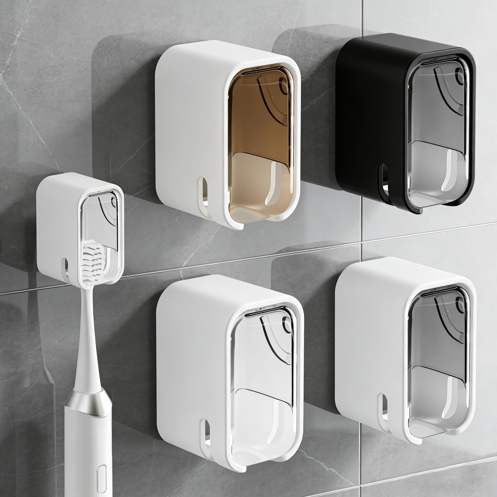 4pc Wall Mount Toothbrush Holder with Lid Self Adhesive, No Drill
