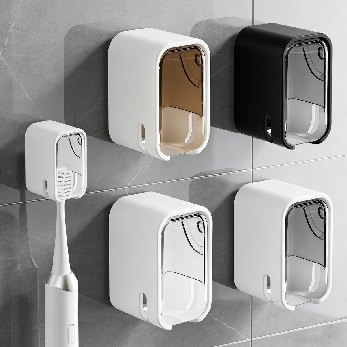 4pc Wall Mount Toothbrush Holder with Lid Self Adhesive, No Drill