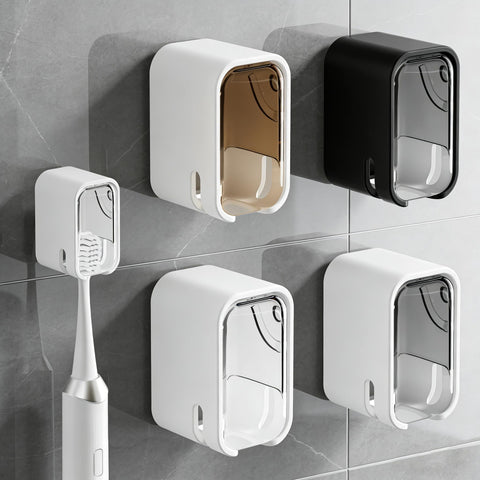 4pc Wall Mount Toothbrush Holder with Lid Self Adhesive, No Drill