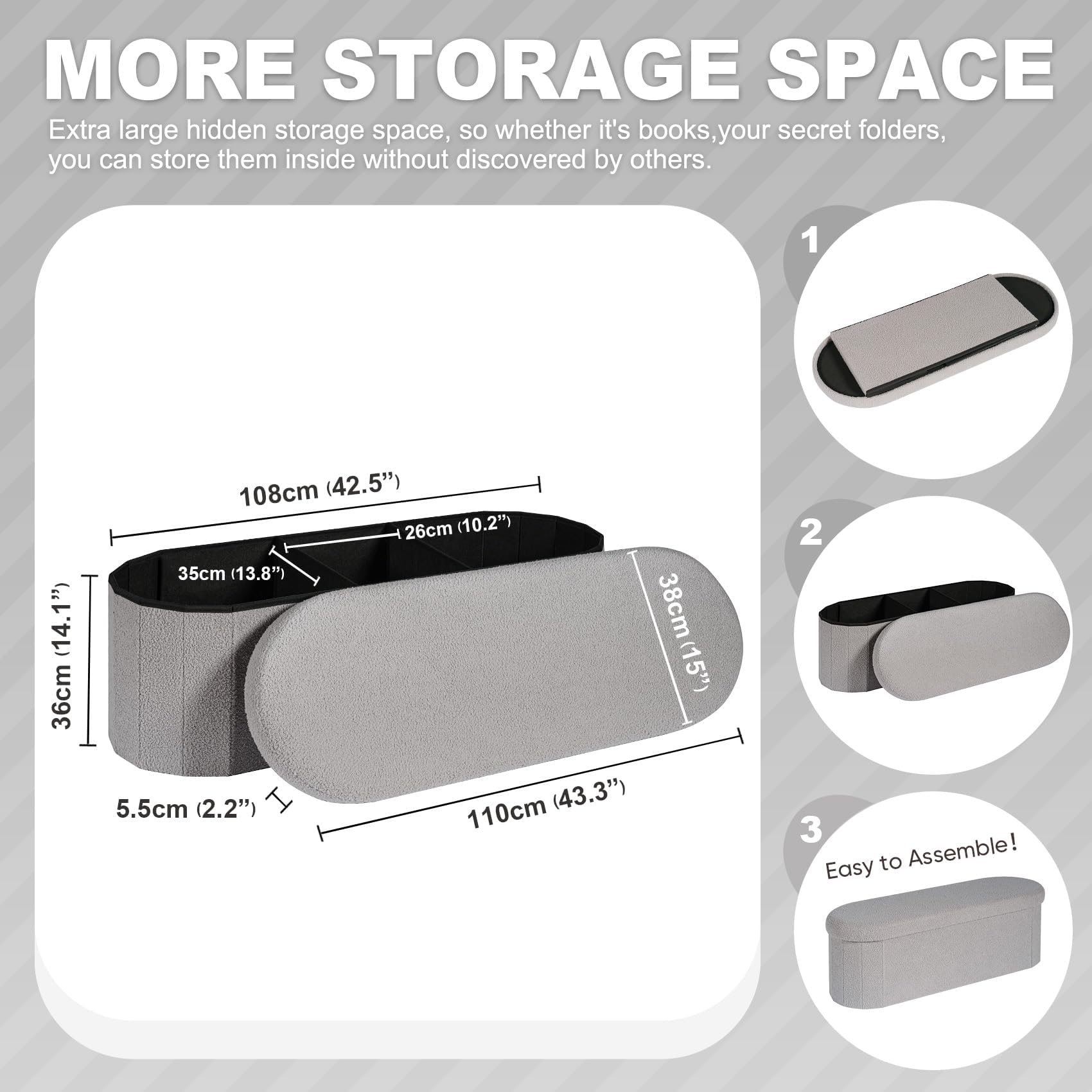PINPLUS Foldable Oval Ottoman Storage Bench, Grey, 110x38x38 cm