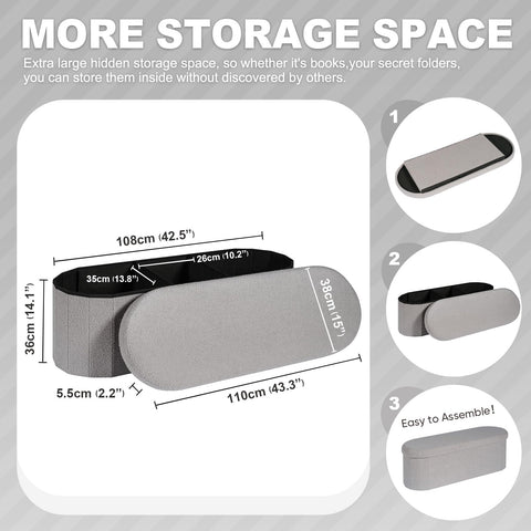 PINPLUS Foldable Oval Ottoman Storage Bench, Grey, 110x38x38 cm