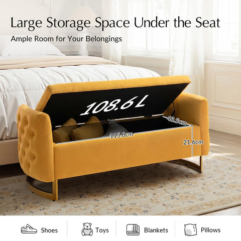 HULALA HOME Large Storage Bench with Metal Base for End of Bed, Mustard