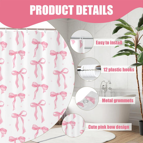 Onperpoe Cute Pink Bow Shower Curtain, 180 x 180cm, Waterproof & Mildew-Proof, 12 Hooks, Preppy Princess Style