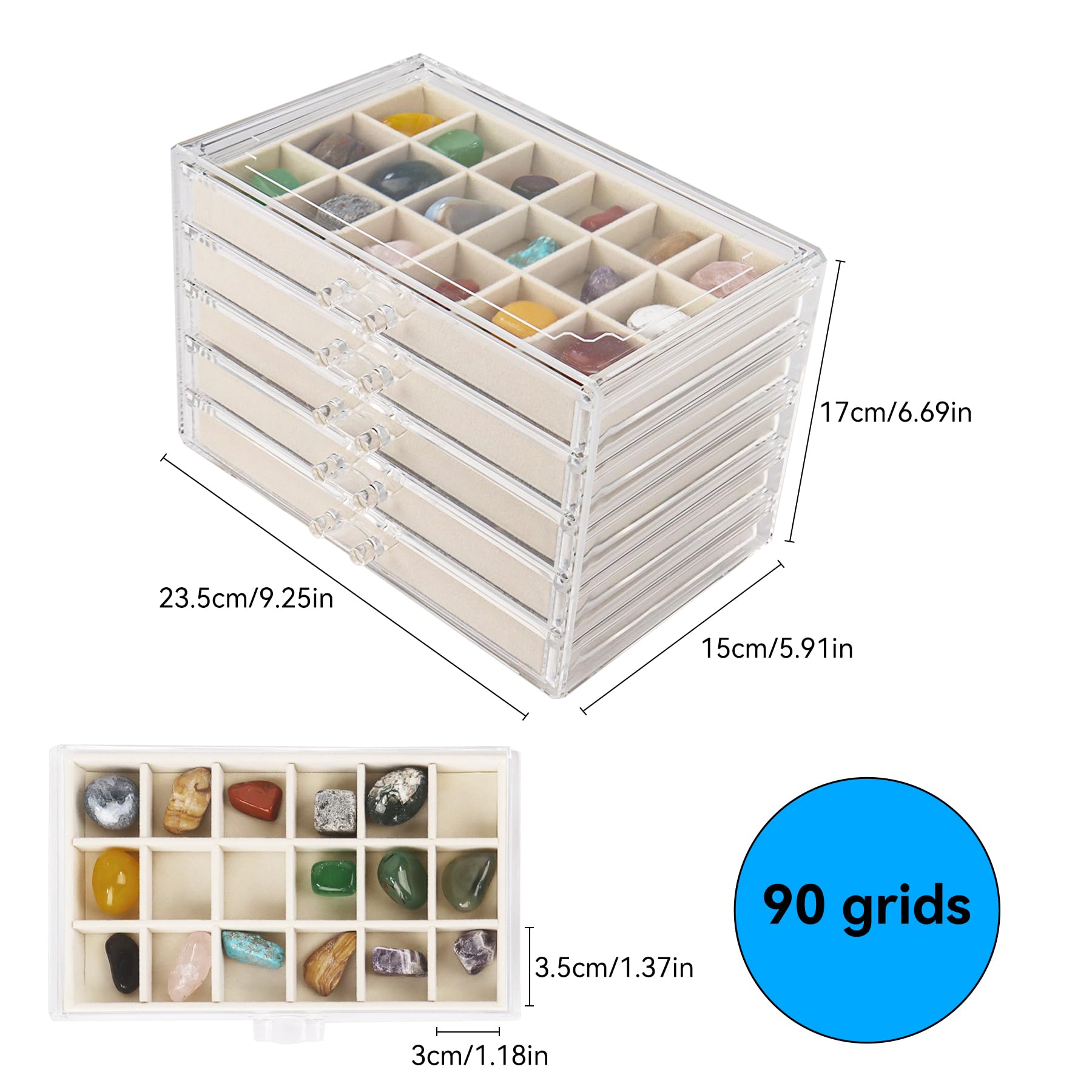 Dmnnlp Rock Display Case, 5 Drawers 90 Grids Acrylic Rock Collection Box, Storage Cases for Small Rocks Gemstone Fossil Crystal Stone Jewellery