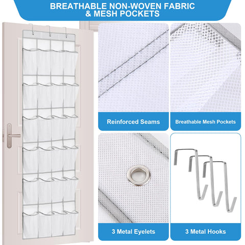 Suacculent Over Door Shoe Organiser, 24 Large Mesh Pockets & 3 Hooks, White