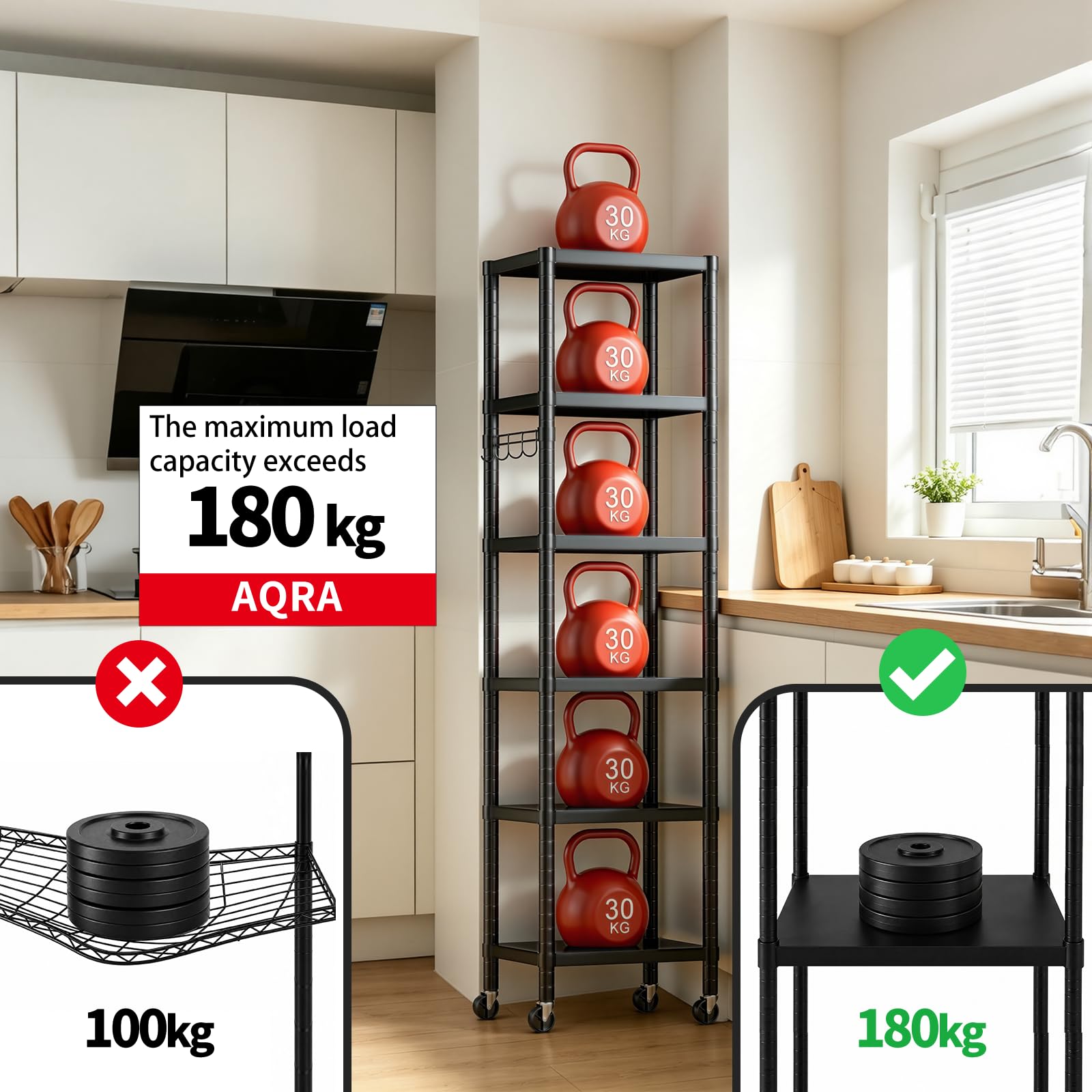 AQRA Kitchen Storage Rack, 12×16×62 in(with castors), 6-Tier Kitchen Shelving with 4 Hooks, Total Load Capacity 395 lbs