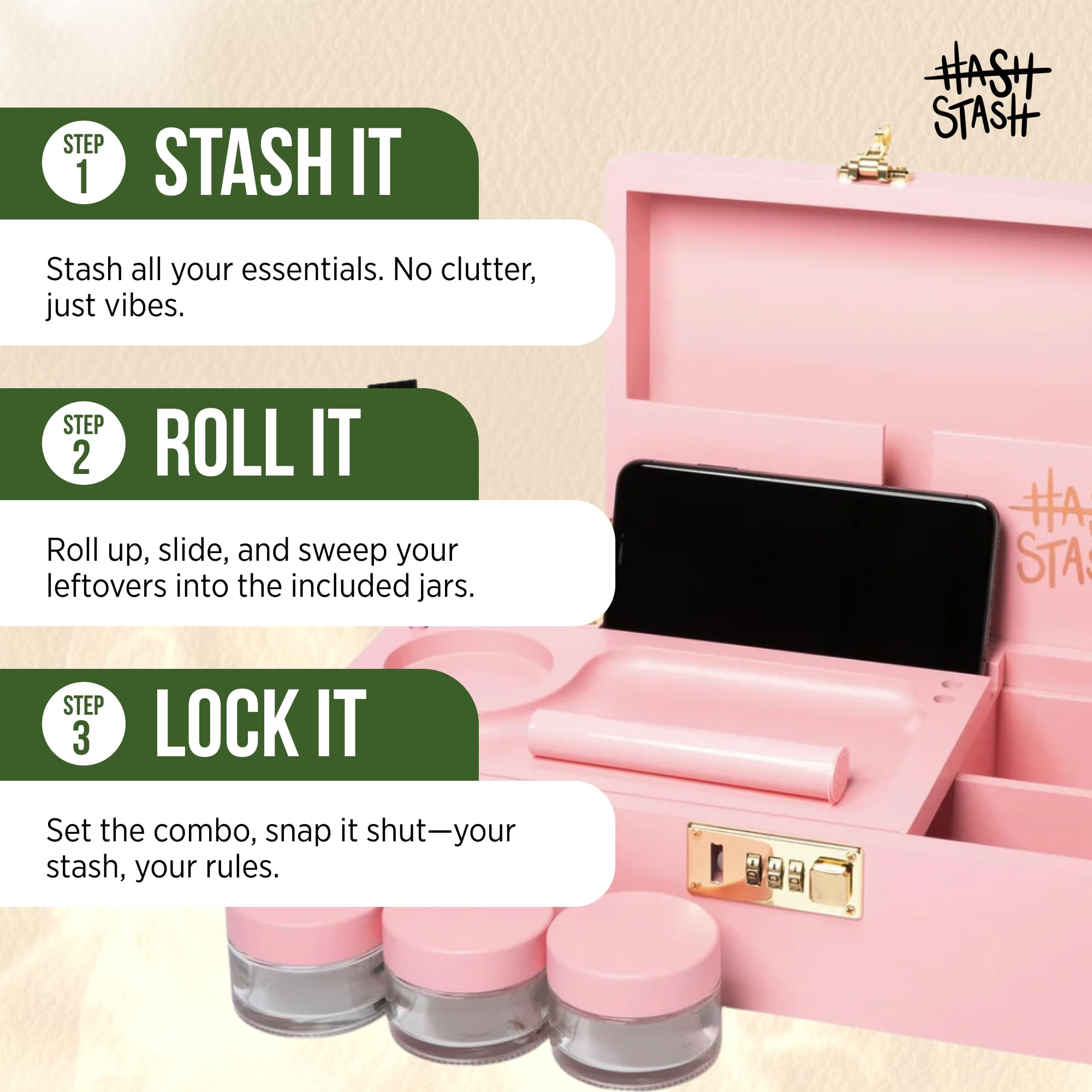 The OG Storage Box - Large Bamboo Box with Combination Lock, Magnetic Lid, Organizer Tray, Tube, Brush and 3 Smell-Proof Jars