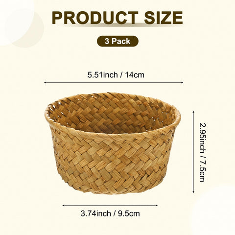 M METERXITY 3-Pack Natural Seagrass Woven Storage Basket, 14cm x 7.5cm Small Round Storage Seaweed Woven Sundries Baskets for