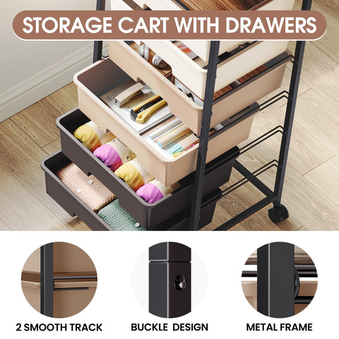 6-Drawer Craft Organizer Trolley Cart with Wooden Top, Brown