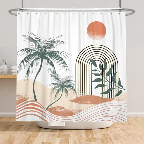 Xiaoterna Boho Sun Line Shower Curtain Palm Trees Summer Sand Beige Waterproof Bathroom Curtain Abstract Waves Green Leaves White Polyester Fabric