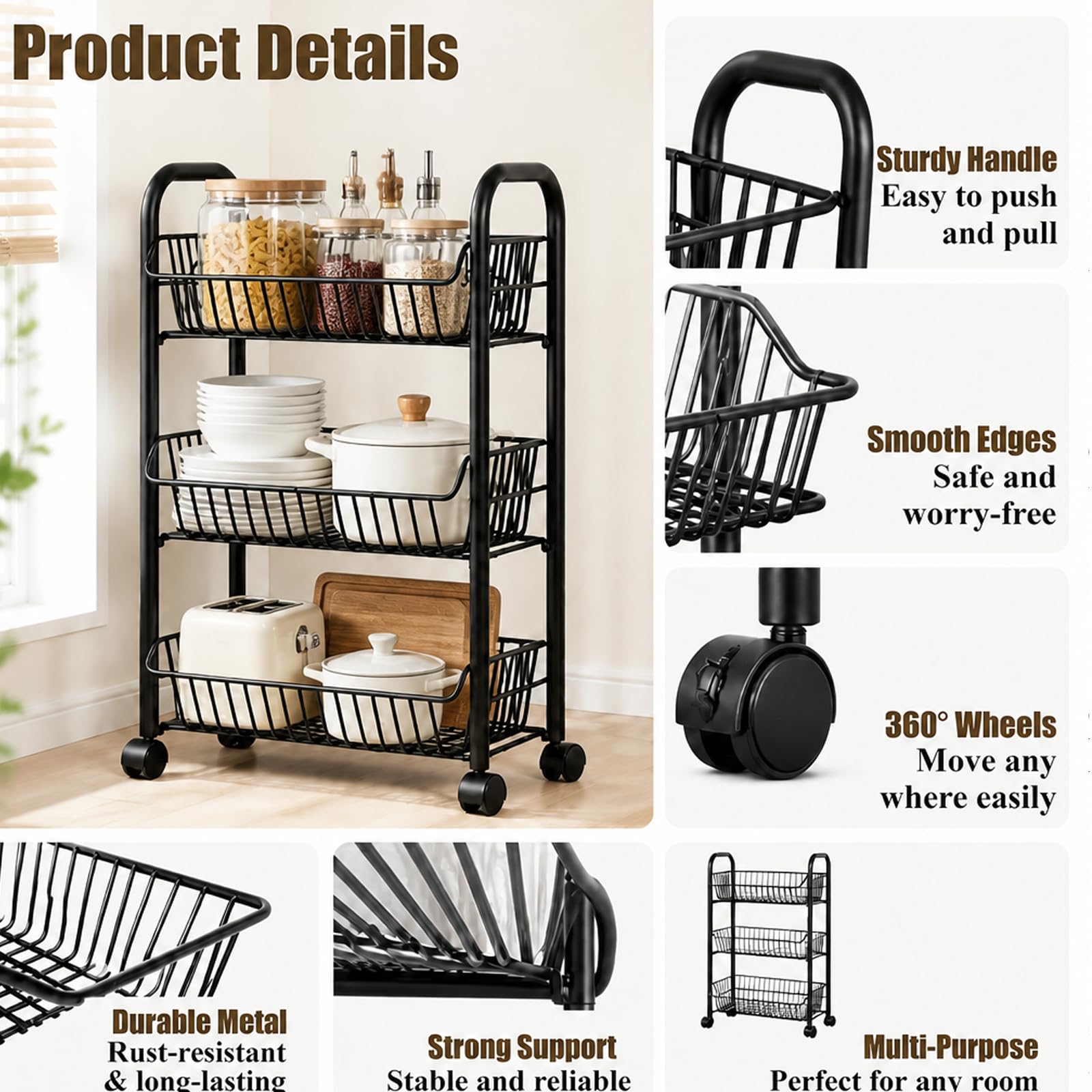 3-Tier Kitchen Trolley on Wheels, Vegetable Storage Rack, Storage Trolley