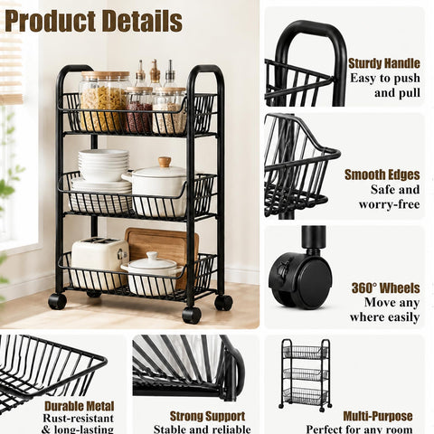 3-Tier Kitchen Trolley on Wheels, Vegetable Storage Rack, Storage Trolley