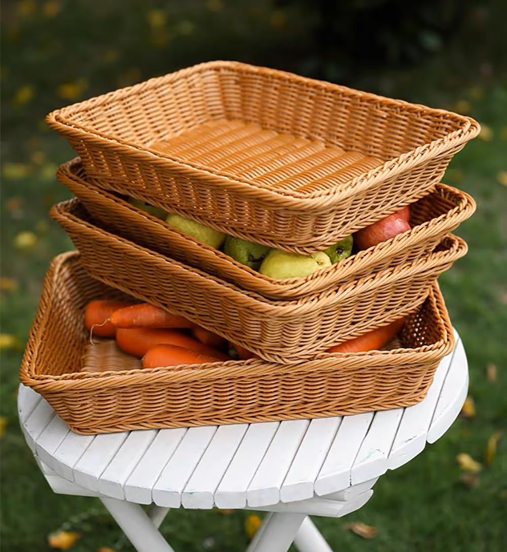RT&BS 2Pcs Large Wicker Bread Basket Rectangular, Wicker Fruit Basket, Display Baskets for Vegetable, Imitation Rattan Tray