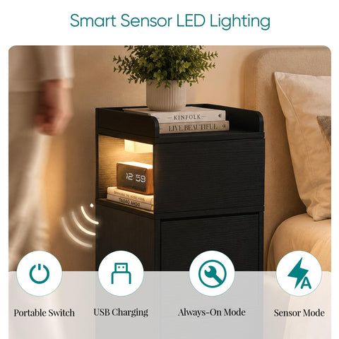 Quikraen 27cm Slim Bedside Tables Set of 2 with Charging Station and LED