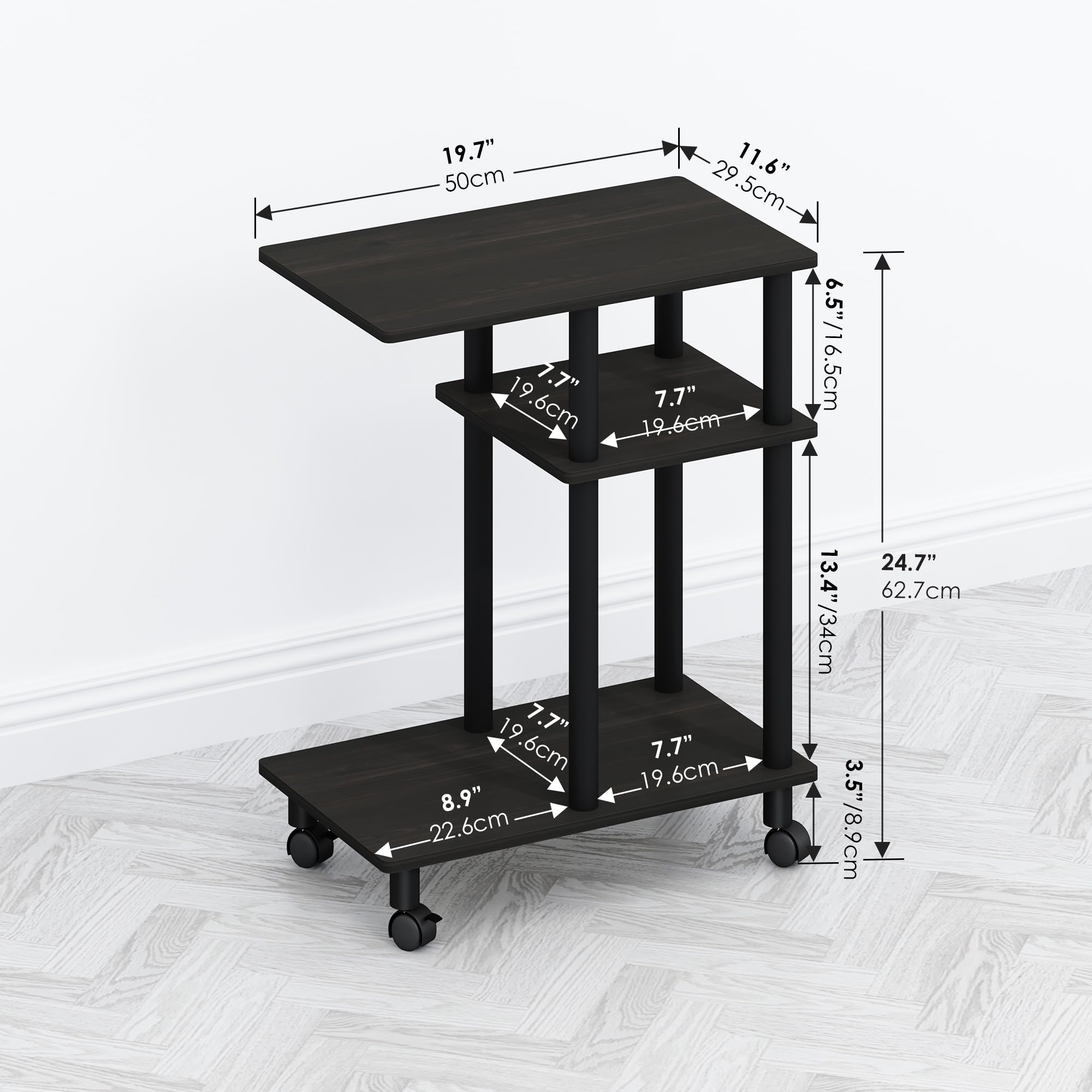 Furinno TOMI Side Table, 3-Tier C-Shape Open Shelf End Table with Wheels, Night Stand, Bedside Table, Toolless Assembly, for Living Room, Bedroom