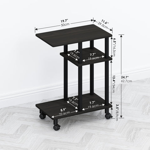 Furinno TOMI Side Table, 3-Tier C-Shape Open Shelf End Table with Wheels, Night Stand, Bedside Table, Toolless Assembly, for Living Room, Bedroom