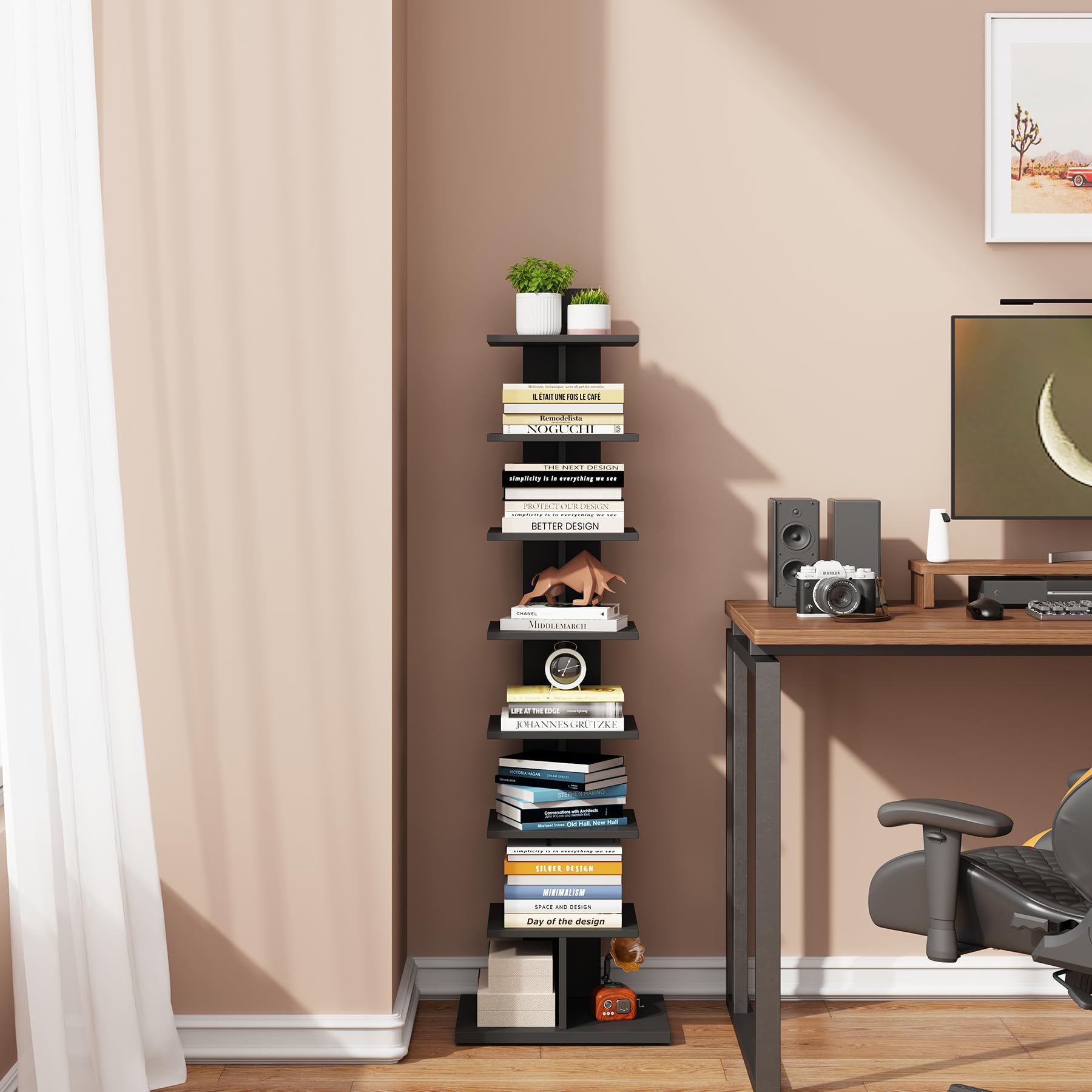 TUTOTAK Vertical Bookshelf, 8-Tier Bookcase, Narrow Spine Book Shelf for Small Space, Corner Standing Shelf for Living Room, Office, Study, Entryway