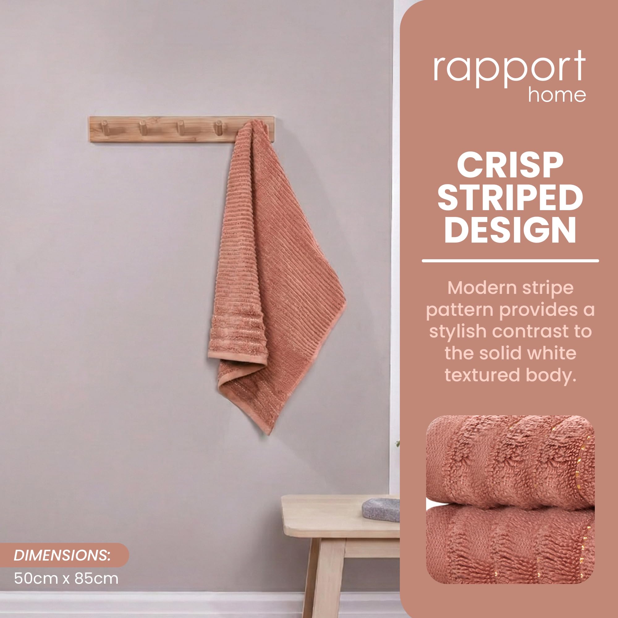 Rapport Home 2-Pack Linear Hand Towels | 50x85cm 100% Cotton 500GSM | Absorbent & Soft Bathroom Towel Set | Oeko-Tex Certified | Rose Red