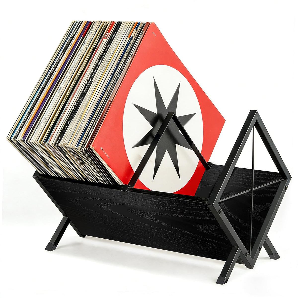 GHWMYD Vinyl Record Stand for 80-100 LPs, Metal Record Storage with Non-Slip Separator Clamp, Record Shelf Easy to Assemble, Black