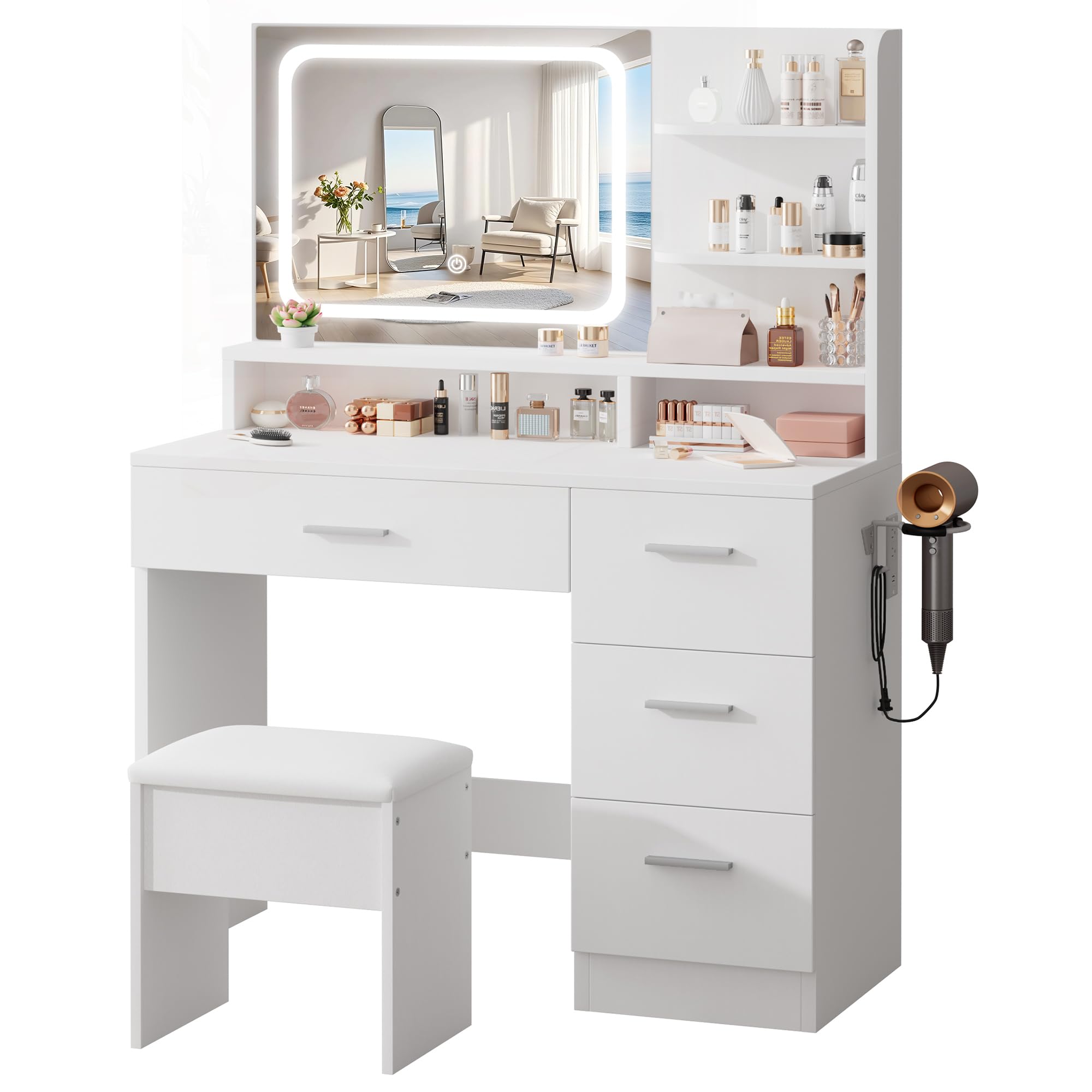 LIVELYGLOW Makeup Vanity Desk with Smart LED Mirror, Dressing Table with Power Outlet & Hairdryer Rack, 4 Drawers & Open Shelves