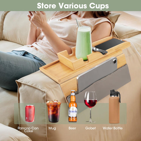 Bamboo Sofa Arm Tray, Foldable Couch Tray Wooden Armrest T-ray, Non-Slip Armrest Organizer, Sofa Side Table with Detachable T-ray