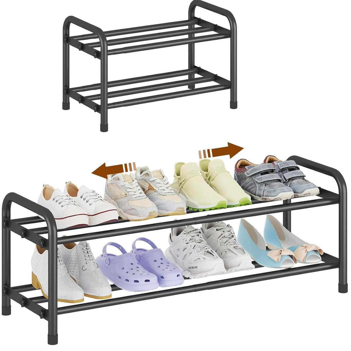 HZXYchen 2 Tier Expandable Shoe Rack | Adjustable Width 45-80cm | Narrow Metal Storage for for Small Narrow Space, Entryway, Closet, Wardrobe(Black)