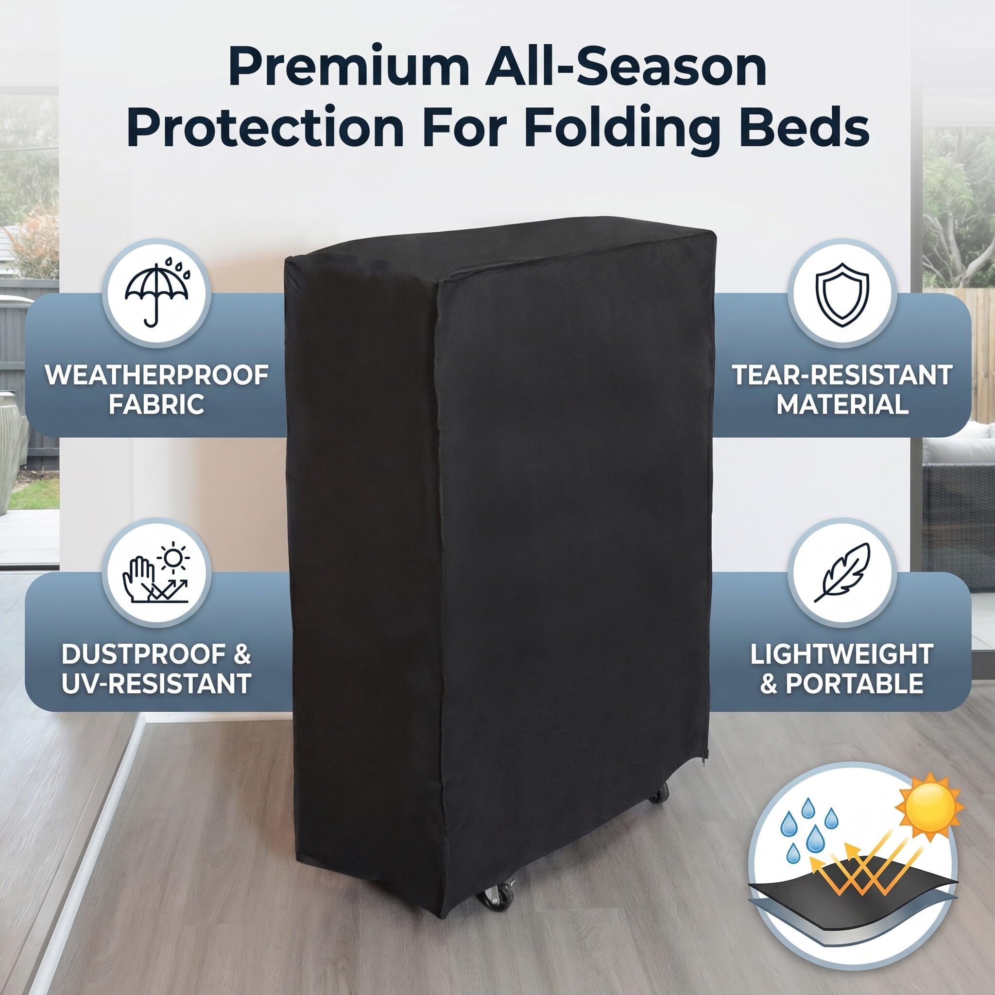 SEAFRONT Folding Bed Storage Cover Black Waterproof Dustproof Indoor Outdoor Portable Easy Storage (85 * 33 * 107cm)